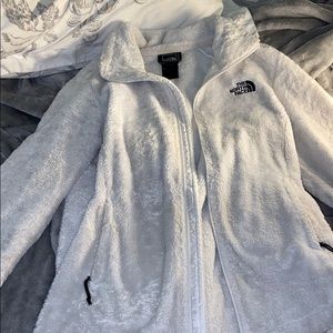 North face zip up fuzzy sweater. White